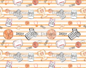 Puede incluir: Un patrón sin costuras con temática de baloncesto con ilustraciones de acuarela de balones de baloncesto, camisetas, trofeos, árbitros y canastas. El fondo es un patrón a rayas de color naranja y blanco.