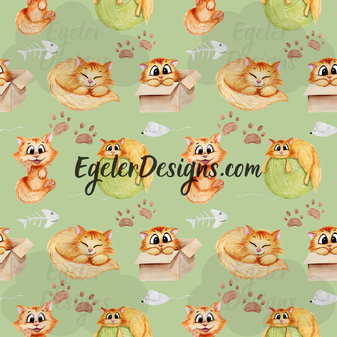 Cat Seamless Pattern, Watercolor Red Cute Cat PNG, Digital Download ...
