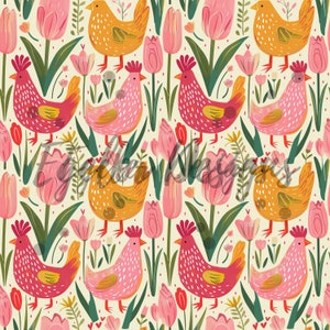 Pastel Chickens Seamless | Pink Chicken Seamless | Chicken Floral Seamless | Girl Animal Seamless | Chicken Valentines | Digital File
