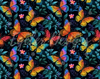 Butterflies Spring Seamless Pattern, Neon Butterfly Seamless Repeating Pattern, Design for Fabric Printing Sublimation Commercial Use