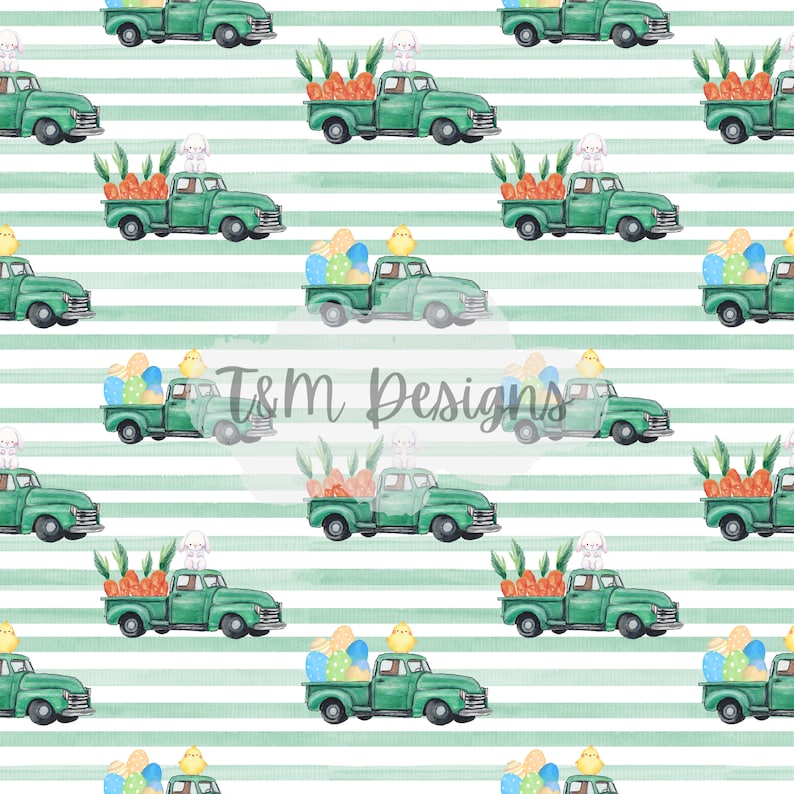May include: A seamless pattern featuring green vintage pickup trucks filled with Easter eggs, carrots, and a bunny rabbit. The trucks are on a white background with green stripes.