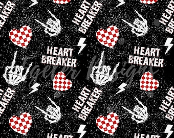 May include: A black background with a repeating pattern of red and white checkered hearts, white skeleton hands, and lightning bolts. The words "HEART BREAKER" are also repeated throughout the design. The overall theme is edgy and rock-inspired.