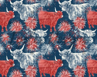 Fourth of July Fabric Pattern, FOJ Cows Fabric, Highland Cow Seamless Pattern, Patriotic Digital Download, PNG, Independence, Digital, PNG