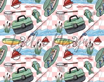 May include: A seamless pattern featuring a fishing theme with a pink and white checkered background. The pattern includes fishing rods, tackle boxes, fish, worms, bobbers, and reeds.