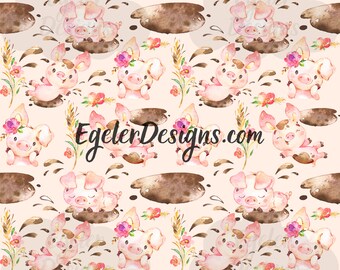 Seamless pattern, girly pig pattern, pattern, seamless, animal pattern, watercolor pattern, digital download, png, pig pattern, farm pattern