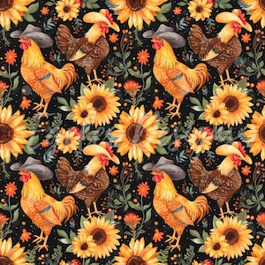 Poulets de campagne sans couture | Poulet sans couture | Floral de poulet sans couture | Fille animal sans couture | Western au poulet | Fichier numérique
