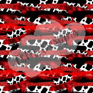 May include: Abstract seamless pattern featuring black and white cow print with red and black brushstrokes and glitter accents.