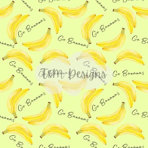 May include: A repeating pattern of yellow bananas and the phrase "Go Bananas" in black script on a light green background. The bananas are illustrated in a watercolor style, with varying orientations.
