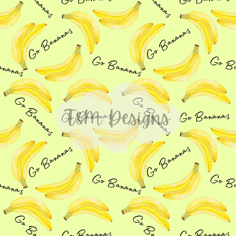 May include: A repeating pattern of yellow bananas and the phrase "Go Bananas" in black script on a light green background. The bananas are illustrated in a watercolor style, with varying orientations.