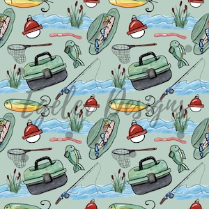 May include: A seamless pattern featuring a variety of fishing-themed illustrations, including a fishing rod, tackle box, bobber, fish, and a fishing net. The background is a light blue-green colour.