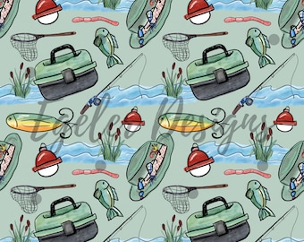 May include: A seamless pattern featuring a variety of fishing-themed illustrations, including a fishing rod, tackle box, bobber, fish, and a fishing net. The background is a light blue-green color.