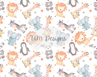 May include: A seamless pattern featuring watercolor illustrations of various animals, including a penguin, lion, zebra, giraffe, elephant, and panda. The animals are depicted in a playful and whimsical style, with bright colors and soft details. The background is a white canvas, with small orange dots scattered throughout.