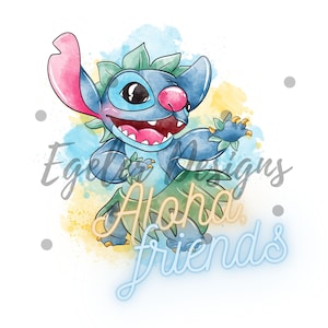 Aloha friends, sublimation, stitch clipart, blue alien clipart, clipart, digital download, watercolor sublimation, scrapbooking, png