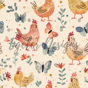 Seamless vintage Chickens, seamless chickens repeating, Strawberries sewing pattern, vintage, vintage farmhouse surface pattern design