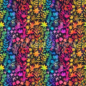 May include: A seamless pattern featuring a rainbow gradient of stylized flowers and leaves on a dark blue background.