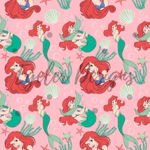 Pink Mermaid Seamless Pattern, Little Mermaid Digital Download, Cute Mermaid Seamless, Pattern For Fabric Printing, PNG, Digital Download