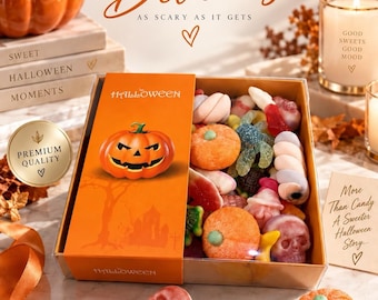 May include: A rectangular gift box filled with assorted Halloween-themed gummy candies, including skulls, brains, eyeballs, and pumpkins. The orange sleeve features a jack-o'-lantern graphic and the text HALLOWEEN, SPOOKY TREATS, and Delicious.