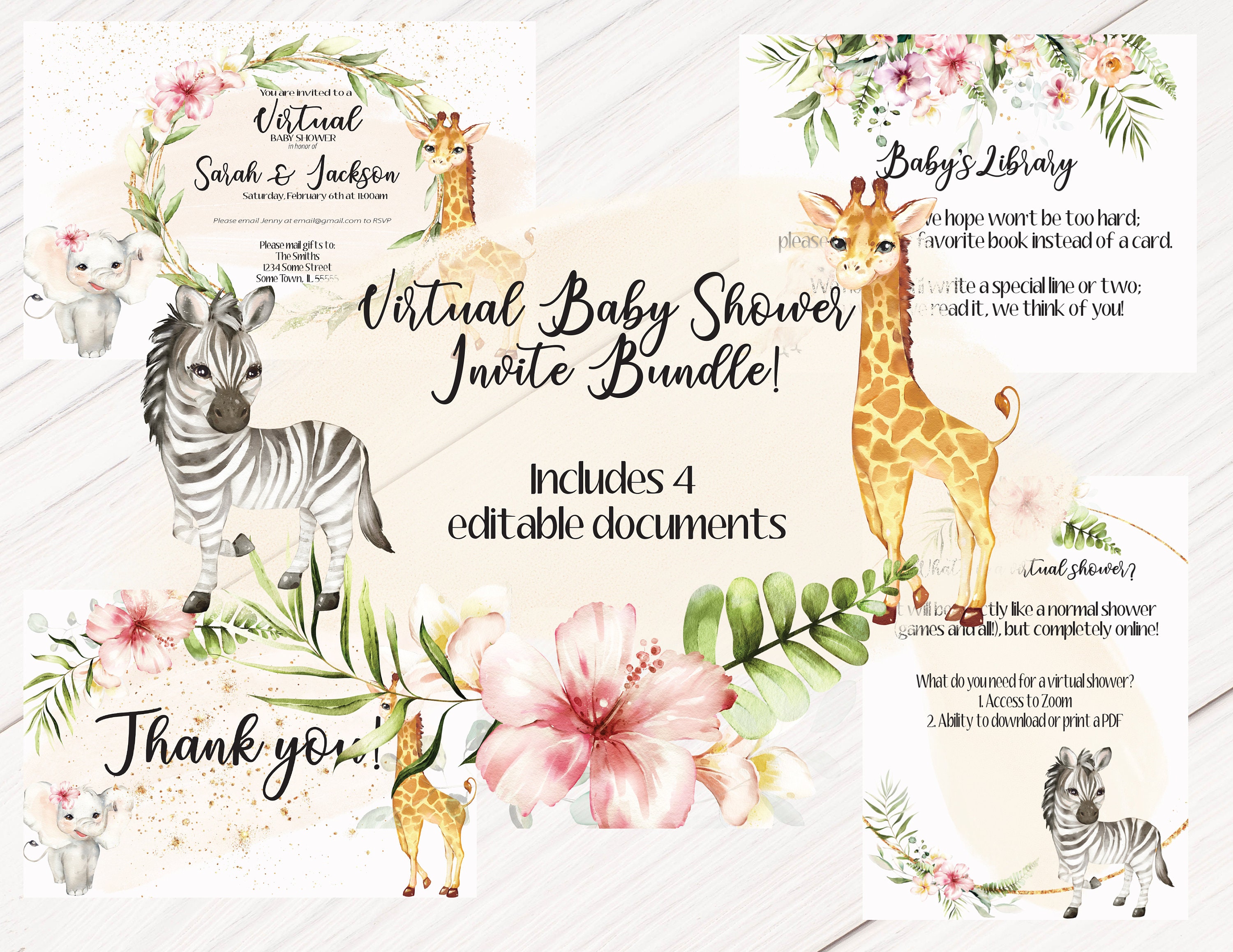 Virtual Baby Shower Invitation Bundlepink Safari Animals Etsy UK