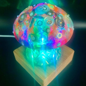 Mystical Fairy Mushroom nightlight  Handmade functional sculpturel cut glass and resin mushroom USB LED light with remote