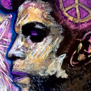 Purple Rain Prince Portrait inspired by Sign of the Times Framed, original signed affordable art, mixed media painting by MonoUrban, 1 off!
