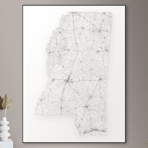Every road in Mississippi map - big poster, printable digital download, elegant and minimalist wall art