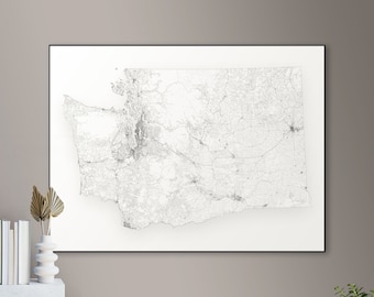Washington State Road Map Art: Minimalist Black and White Print (Digital Download)