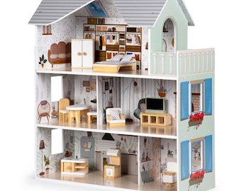 Wooden Dollhouse with furniture, Dolls house Kit, Dollhouse for girls, house for dolls, wooden Dollhouse,