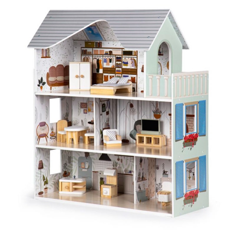 Puppenhaus aus Holz mit Möbeln, Puppenhaus Kit, Puppenhaus für Mädchen, Puppenhaus aus Holz, Weihnachtsgeschenke für Mädchen, Bild 2