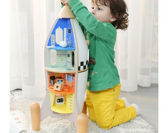 Wooden Rocket House for Children with Figures, Wooden educational toy