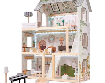Maison de poupée en bois avec meubles, Kit Dollhouse, maison pour poupées, Dollhouse en bois, Cadeaux de Noël pour filles, maison de poupées