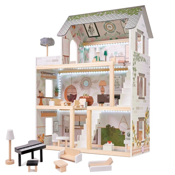 Wooden Dolls house with furniture, Dollhouse Kit, house for dolls, wooden Dollhouse, Christmas Gifts for girls, dolls house