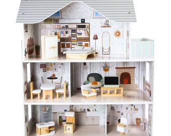 Wooden Dollhouse with furniture, Dollhouse Kit, Dollhouse for girls, house for dolls, wooden Dollhouse, Christmas Gifts for girls,