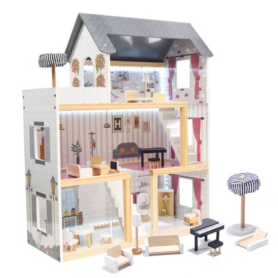 Puppenhaus aus Holz mit Möbeln, Puppenhaus Kit, Boho Puppenhaus für  Mädchen, Haus für Puppen, Puppenhaus aus Holz, Weihnachtsgeschenke für  Mädchen,