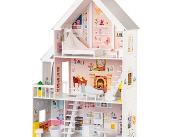 Barbie doll house, Wooden Dollhouse with furniture, Big Dollhouse Kit, XXL Dollhouse for girls, Big house for dolls, wooden Dollhouse,