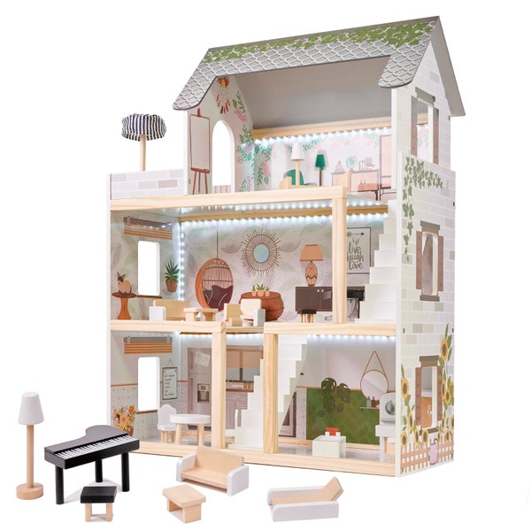 Maison de poupée en bois avec meubles, kit de maison de poupée, maison de poupée bohème pour filles, maison pour poupées, maison de poupée en bois, cadeaux de Noël pour filles,