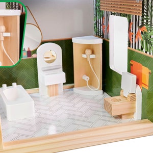 Holzpuppenhaus mit Möbeln, Puppenhaus Bausatz, Boho Puppenhaus für Mädchen, Haus für Puppen, Holzpuppenhaus, Weihnachtsgeschenke für Mädchen, Bild 5