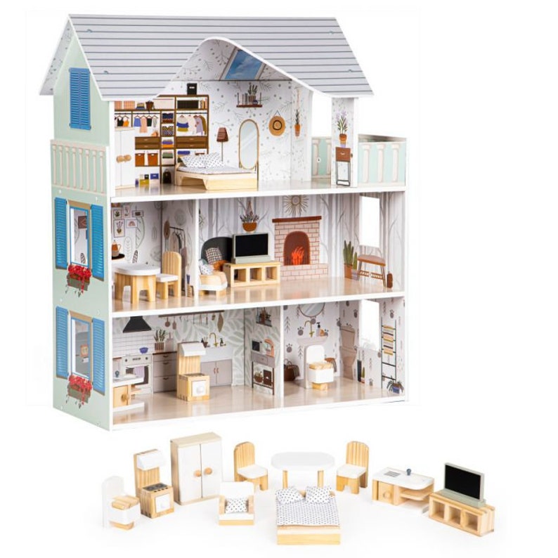 Puppenhaus aus Holz mit Möbeln, Puppenhaus Kit, Puppenhaus für Mädchen, Puppenhaus aus Holz, Weihnachtsgeschenke für Mädchen, Bild 5