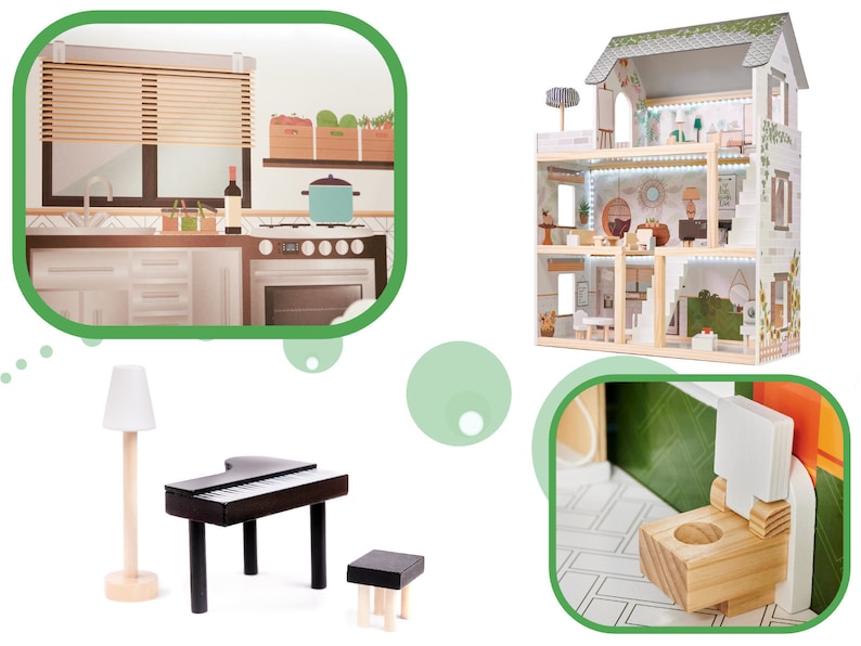 Maison de poupée en bois avec meubles, kit de maison de poupée, maison de poupée bohème pour filles, maison pour poupées, maison de poupée en bois, cadeaux de Noël pour filles, image 2