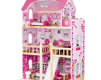 Puppenhaus aus Holz mit Möbeln, Großes Puppenhaus Bausatz, XXL Haus für Puppen, Puppenhaus aus Holz, Traumhaus, Barbiehaus