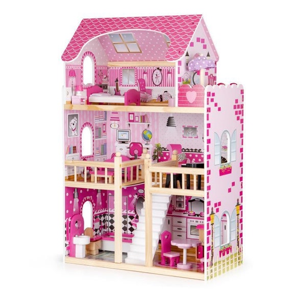 Maison de poupée en bois enfant 3 étages avec 17 accessoires