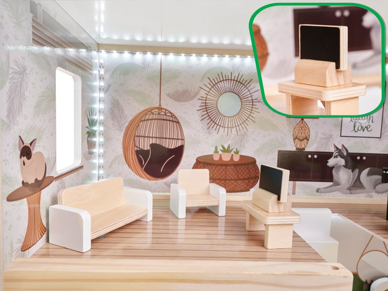 Wooden Dollhouse With Furniture Dollhouse Kit Boho Dollhouse Etsy