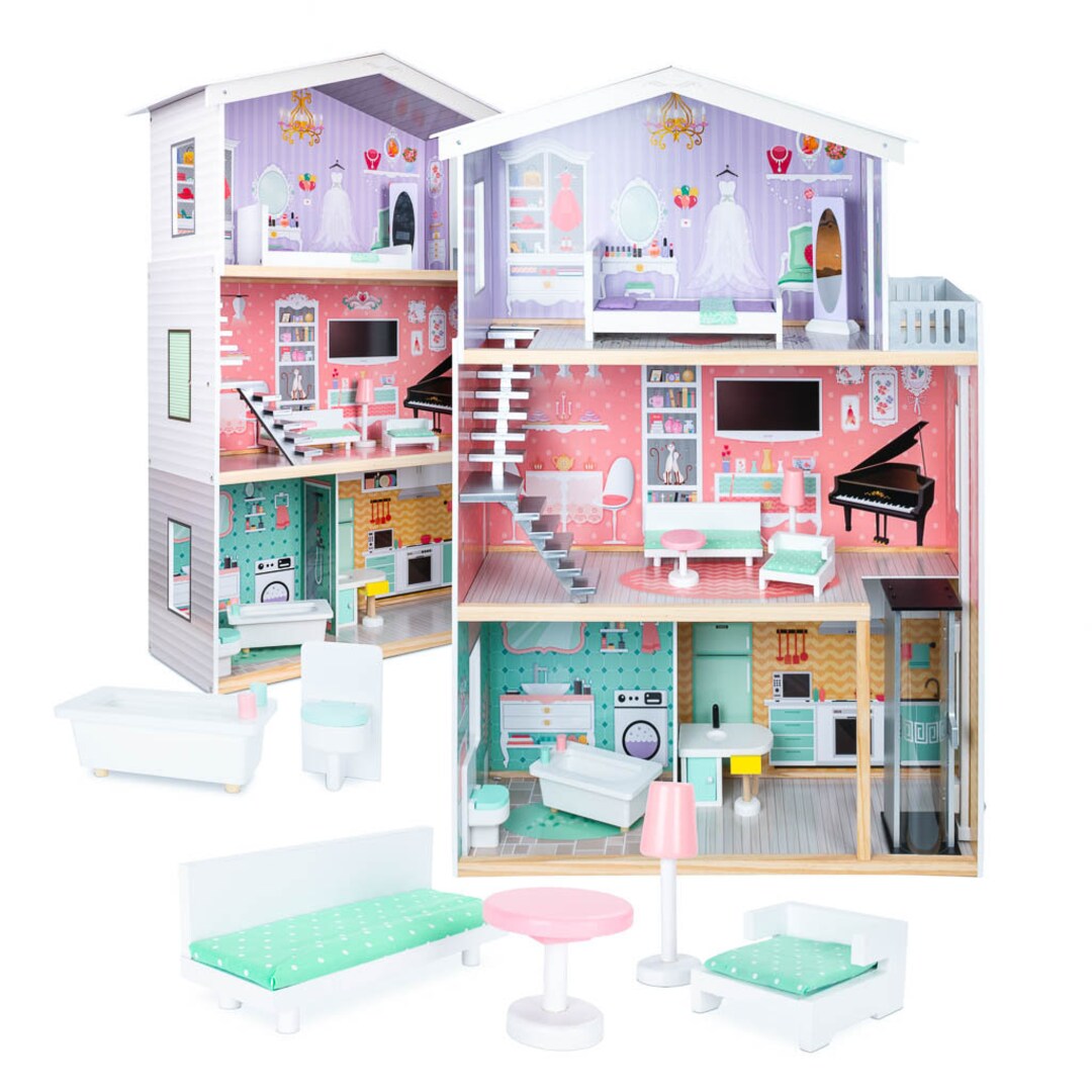 Wooden Dollhouse With Furniture Dollhouse Kit Pastel Etsy