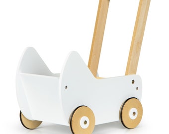 wooden dolls pram stroller, doll buggy, dolls pushchair, doll pram, girls toy buggy, girl toy pram, dolls wagon, white pram, wooden toys