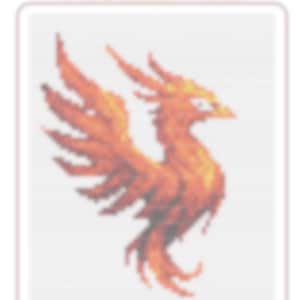 May include: A pixelated illustration of a phoenix in shades of orange and red, with outstretched wings and a detailed tail. The text "PHOENIX FIRE" is above the image, in orange letters.