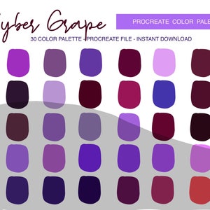 May include: A digital color palette with 30 shades of purple, blue, and red. The palette is titled "Cyber Grape" and is for use with the Procreate app.