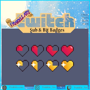 Può includere: Un set di badge di abbonamento e bit Twitch con cuori pixelati in rosso e oro. Il testo "Sub & Bit Badges" è visualizzato sopra i badge. Il testo "3 Sizes: 72x72, 36x36, 18x18" è visualizzato nell'angolo in alto a destra.