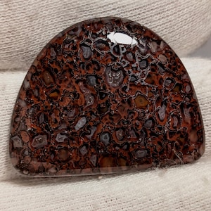 May include: A cabochon of brown and white petrified wood with a unique, swirling pattern. The stone is polished and has a smooth, glossy finish.