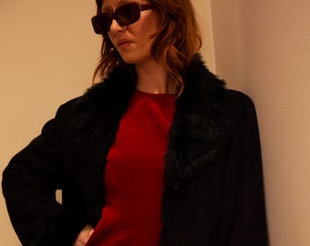 Vintage Black Suede Faux Fur Lined Coat