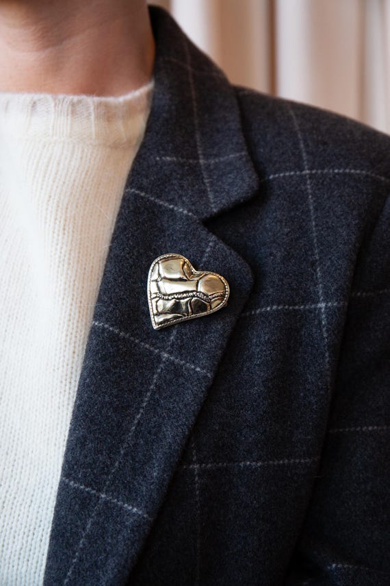 Vintage Silver Patchwork Heart Brooch - image 1