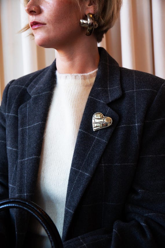 Vintage Silver Patchwork Heart Brooch - image 2